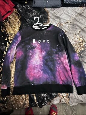 Forever 21 Black Purple Galaxy "Lost" Crewneck Sweatshirt